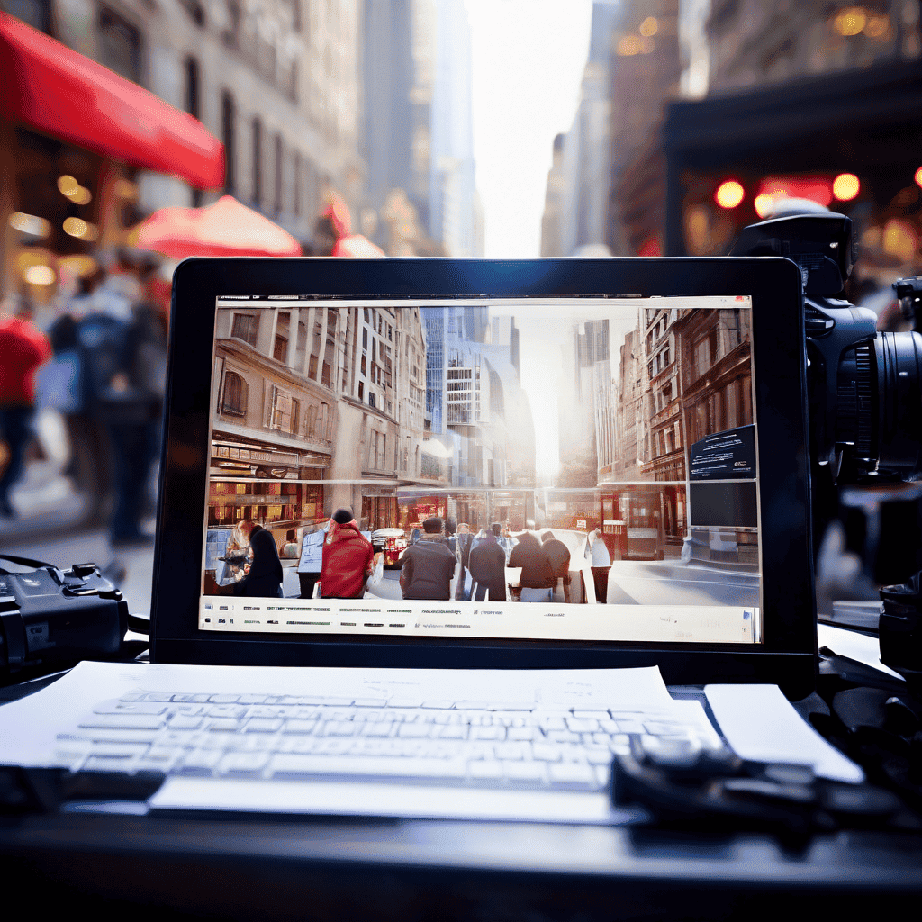 A live streamer's hands adjust a professional camera on a tripod under soft studio lighting, with a blurred laptop and a stopwatch