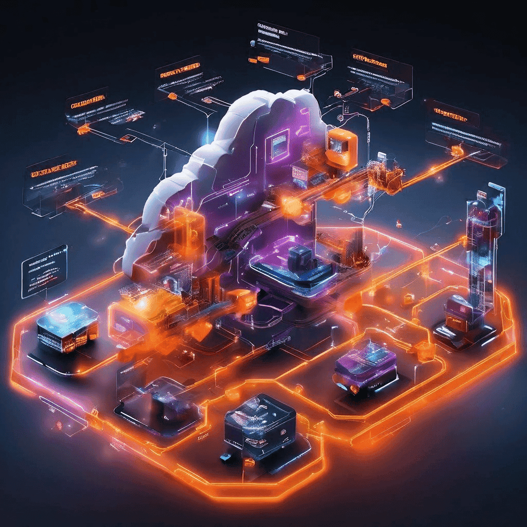 Digital platform scene showing category routing layers, cloud data flow, and secure online service infrastructure before ticket...