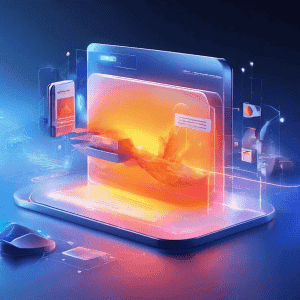 Abstract digital composition of a layered interface with glow paths, showing a visitor encountering a domain change notice on a...