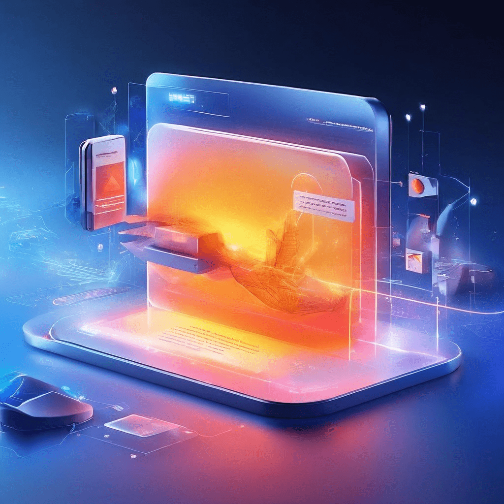 Abstract digital composition of a layered interface with glow paths, showing a visitor encountering a domain change notice on a...