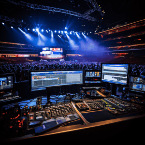 A professional live broadcast control room with a blurred laptop and studio camera in the foreground, a hand adjusting a fader on