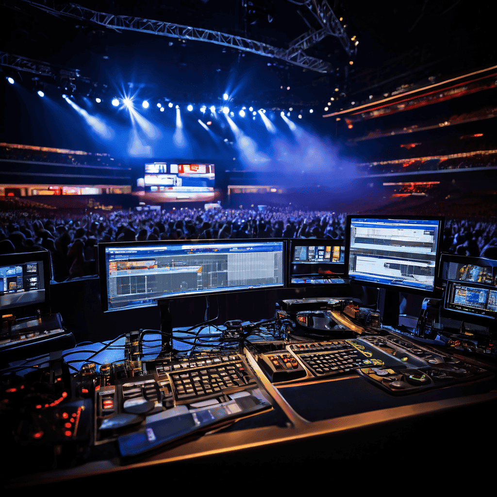 A professional live broadcast control room with a blurred laptop and studio camera in the foreground, a hand adjusting a fader on