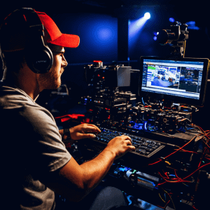 A live streamer's hands adjust a professional camera on a tripod, with a blurred laptop screen and studio monitor in the backgroun