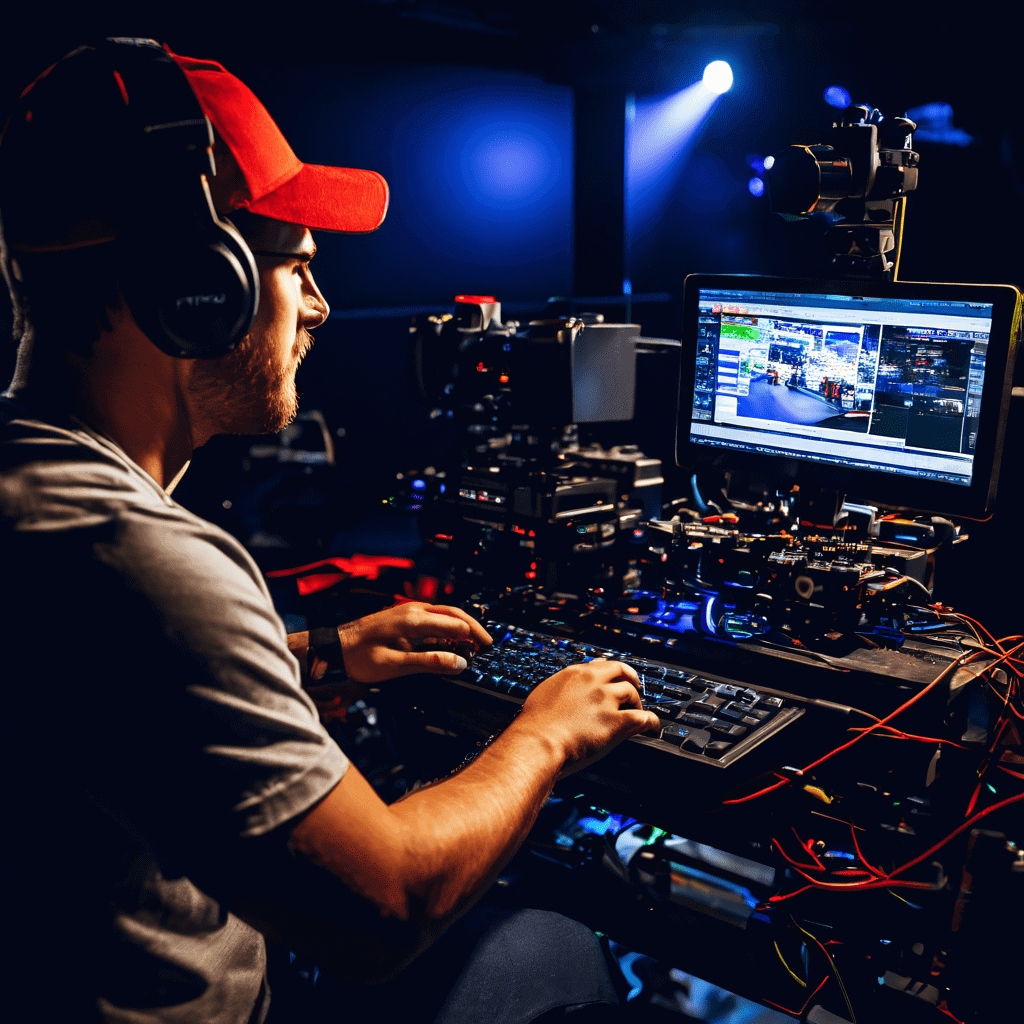 A live streamer's hands adjust a professional camera on a tripod, with a blurred laptop screen and studio monitor in the backgroun