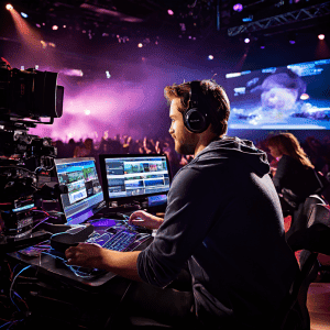 Live streamer adjusting broadcast settings on a laptop with studio microphone and camera equipment in soft documentary lighting
