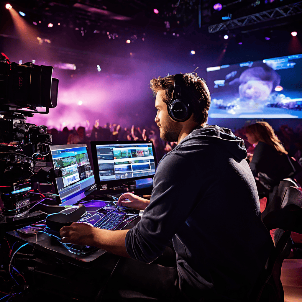 Live streamer adjusting broadcast settings on a laptop with studio microphone and camera equipment in soft documentary lighting