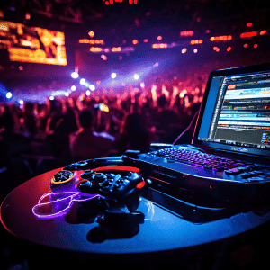 Streamer balancing engaging conversation with focused gameplay on a dual-monitor studio desk under soft documentary lighting